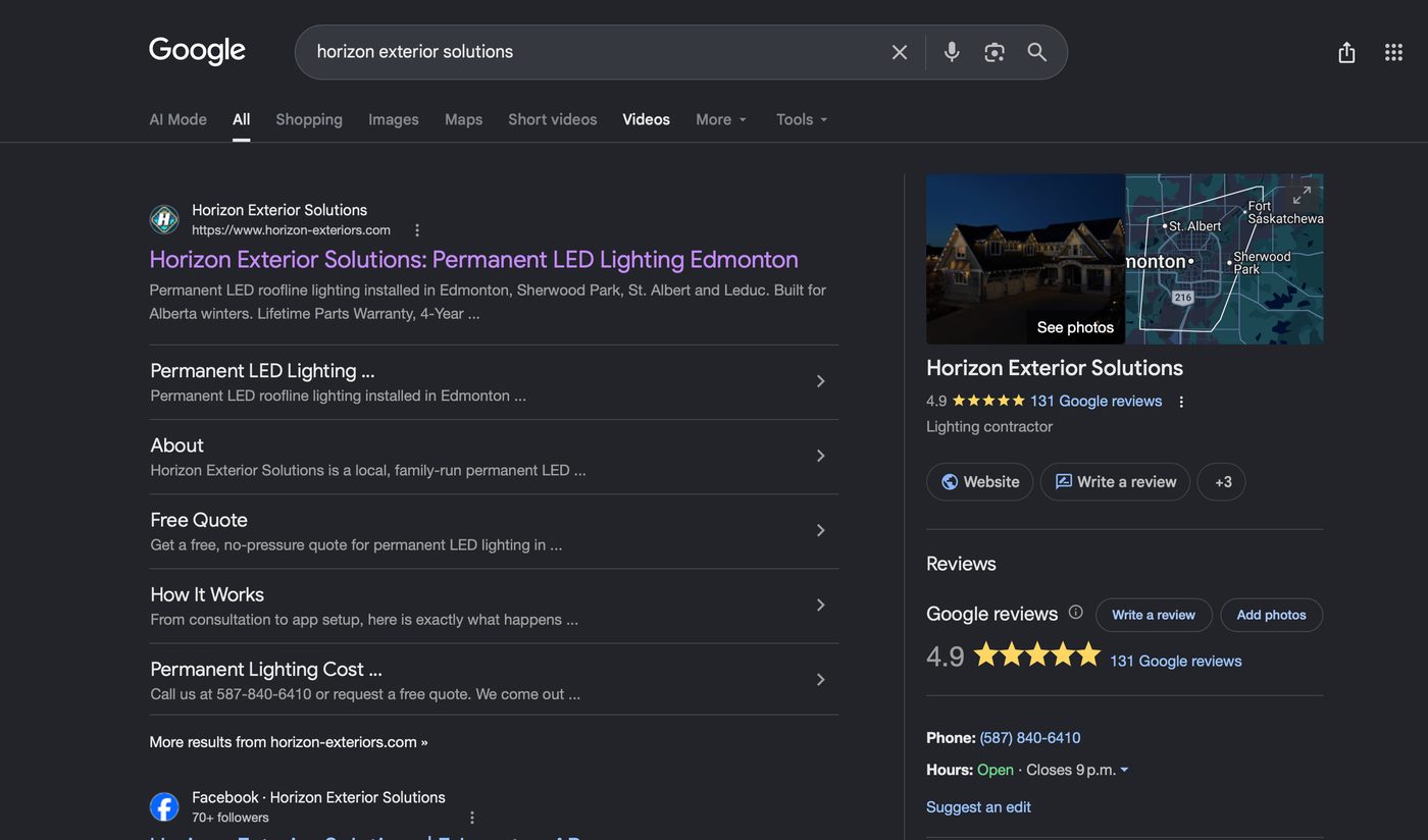 Google search results showing Horizon Exterior Solutions with a 4.9 star rating and 131 reviews