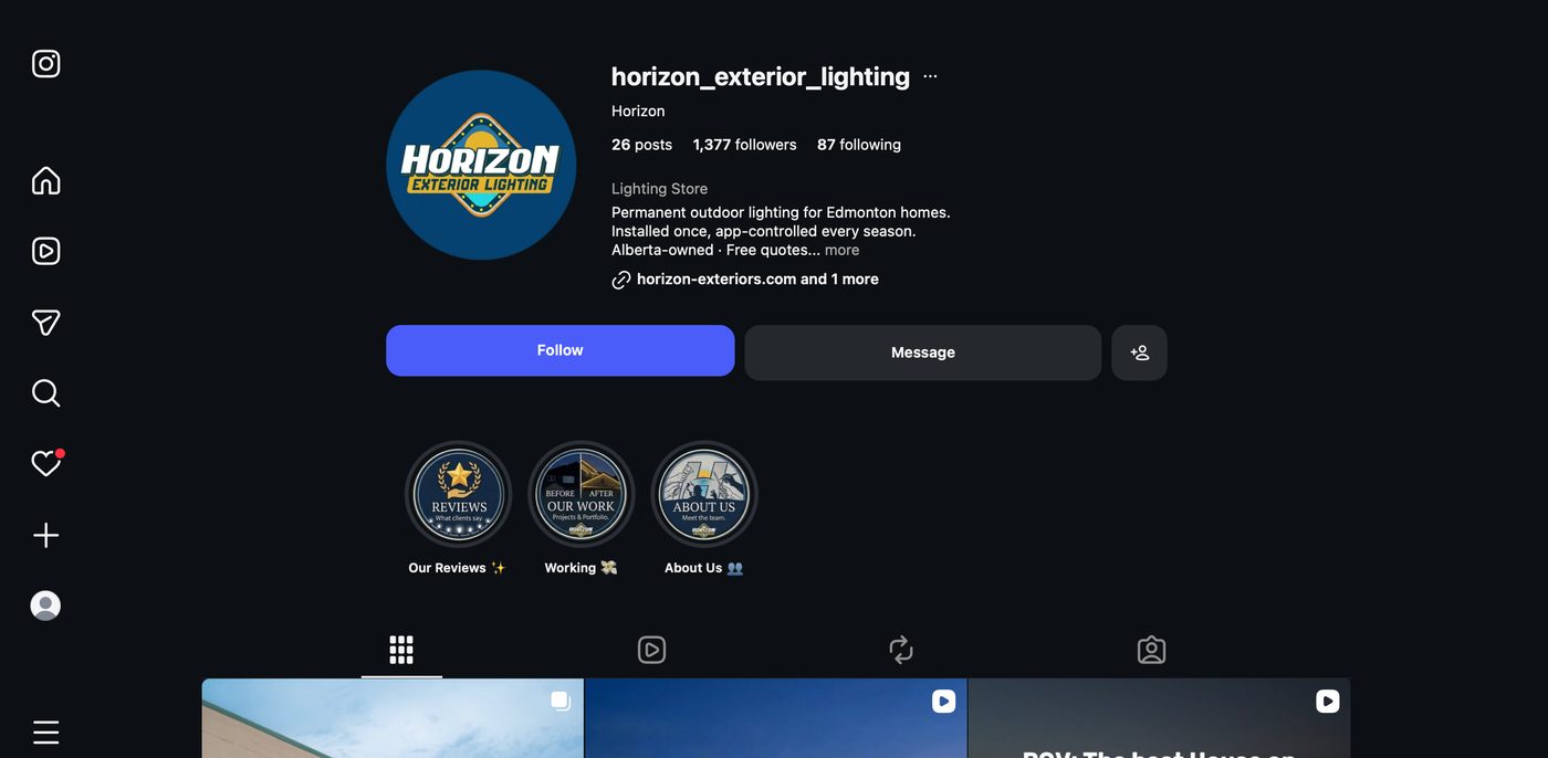 Horizon Exterior Solutions Instagram profile with 1,377 followers
