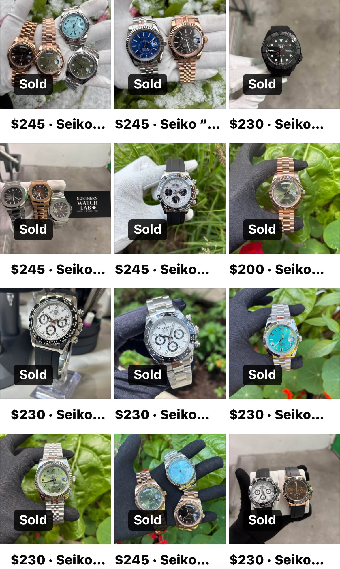 Northern Watch Lab's old Facebook Marketplace listings, watches sold one at a time with no catalog