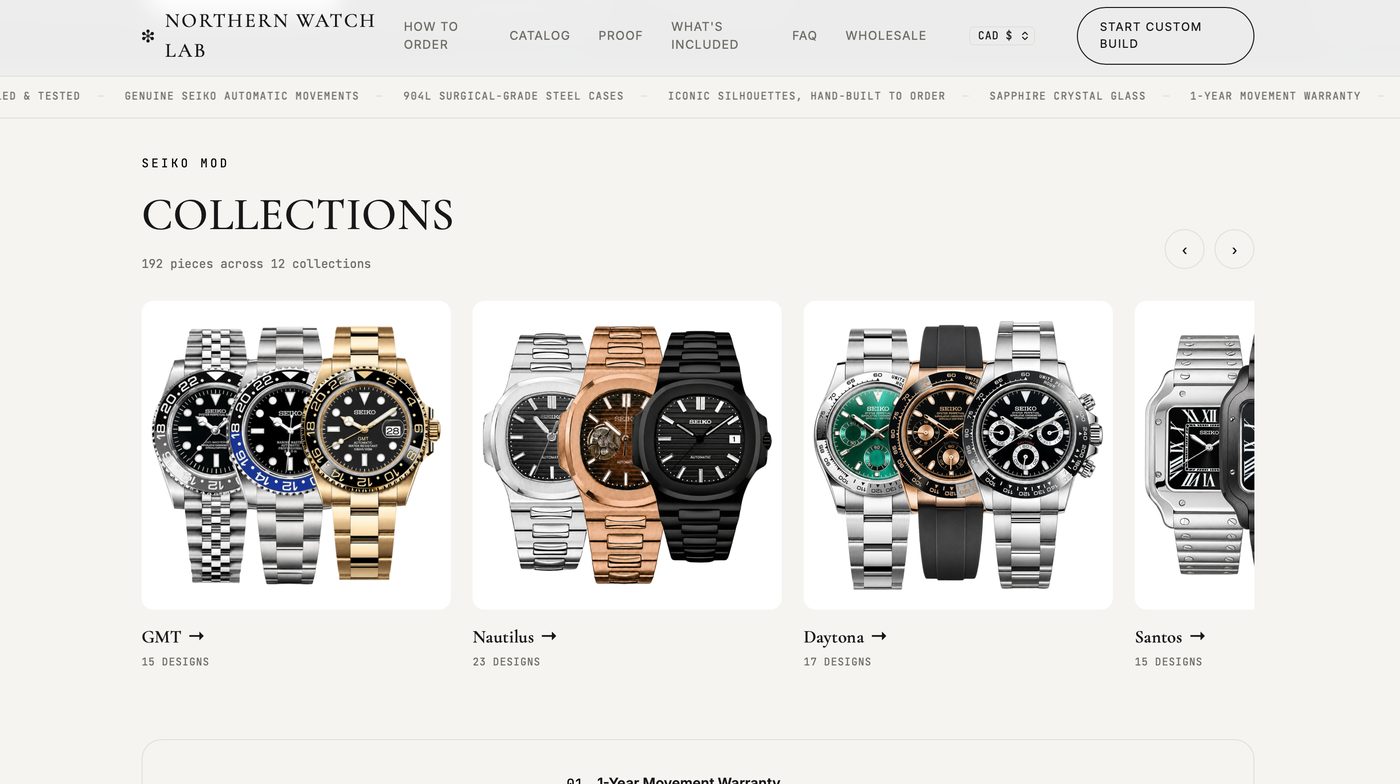 Northern Watch Lab collections page showing 192 pieces across 12 collections