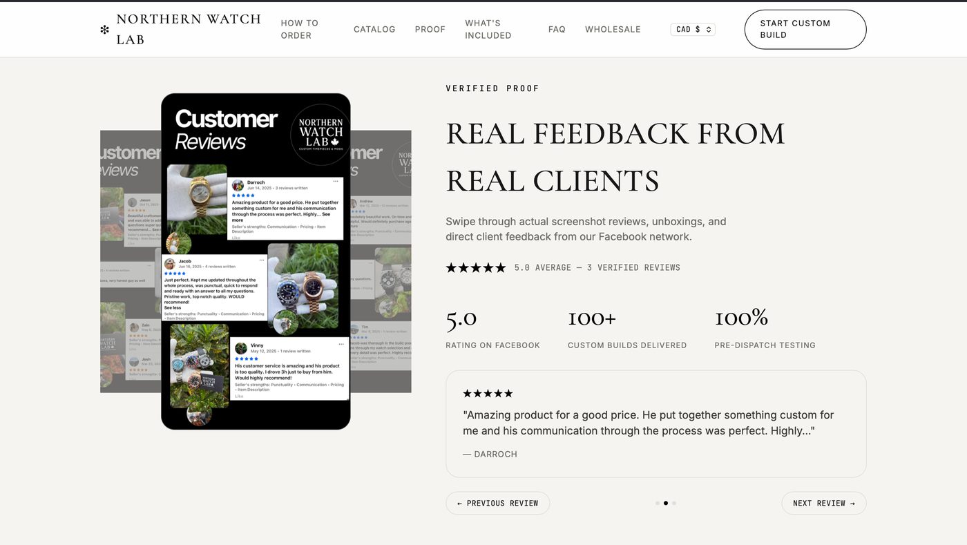 Northern Watch Lab proof page showing real customer reviews and ratings