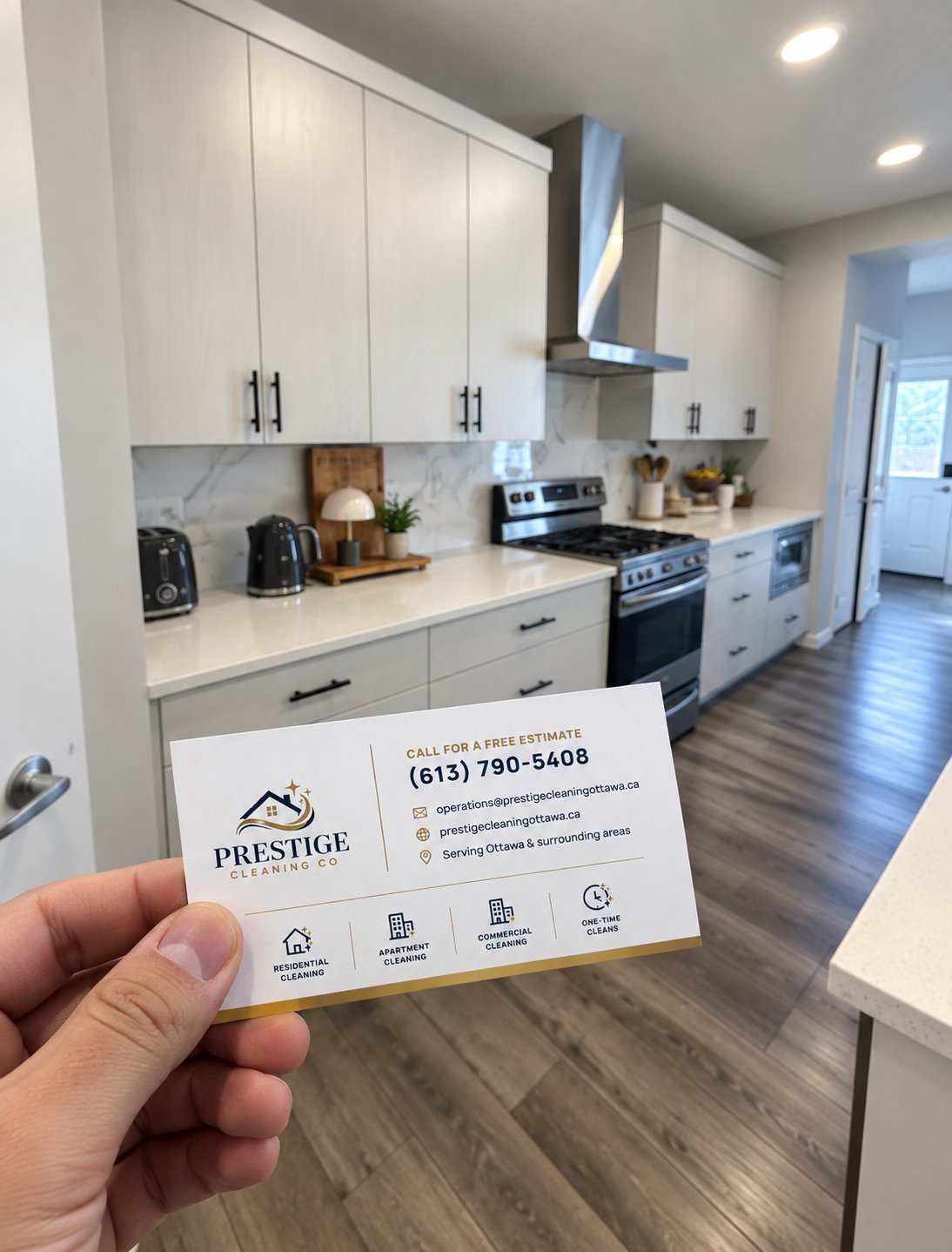 A Prestige Cleaning Co business card held up in a kitchen: before launch, referrals and a printed card were all they had