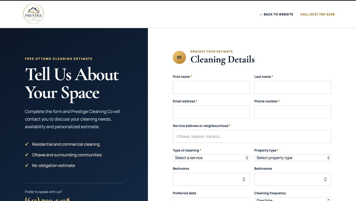 Prestige Cleaning Co online booking form for requesting a cleaning estimate