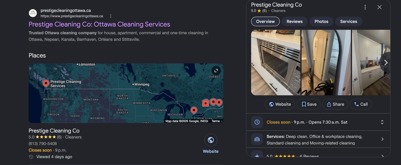 Google Business Profile for Prestige Cleaning Co showing a 5.0 star rating from 6 reviews
