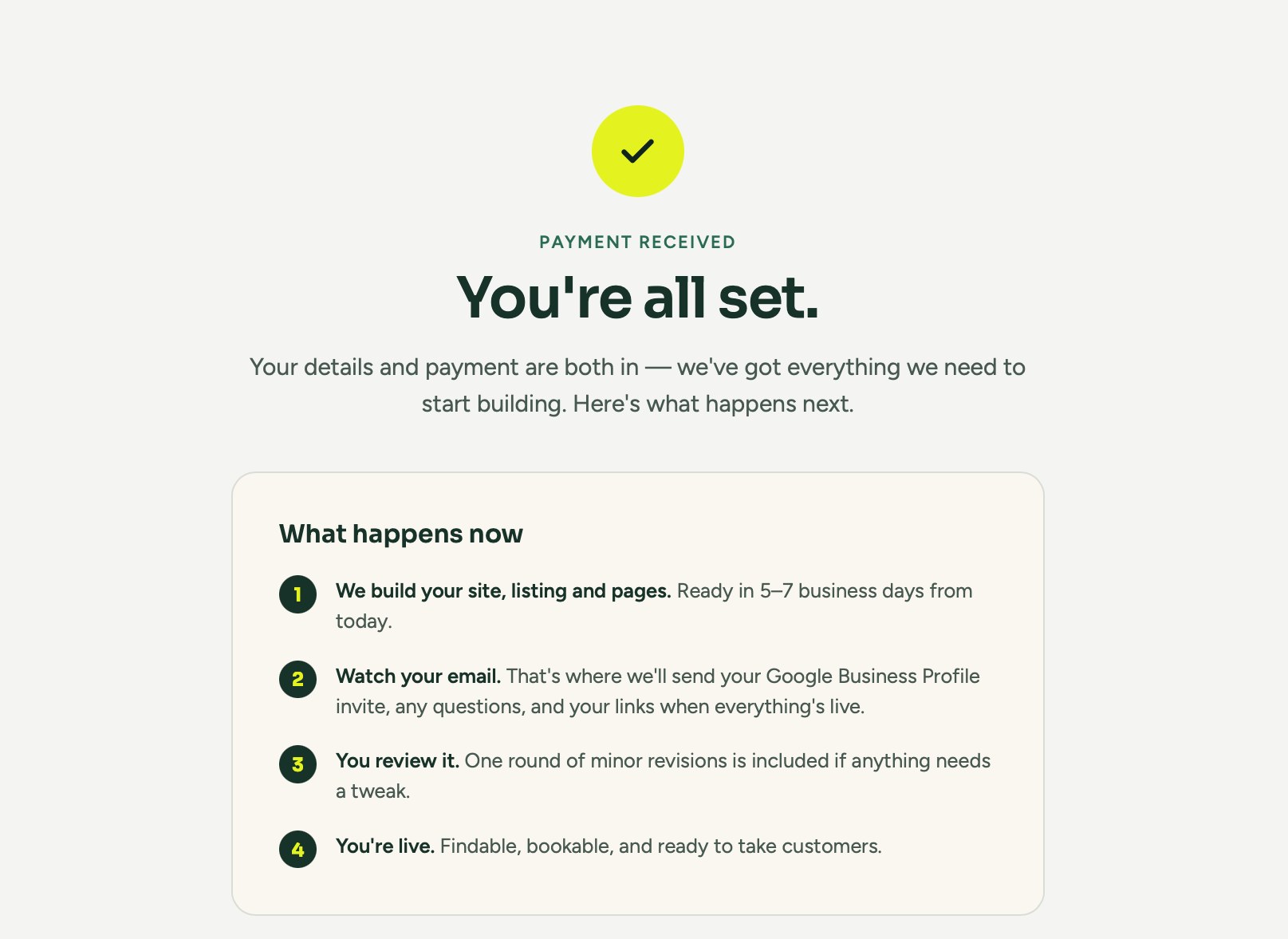 The confirmation screen customers see right after paying: a checkmark and &ldquo;You're all set.&rdquo;