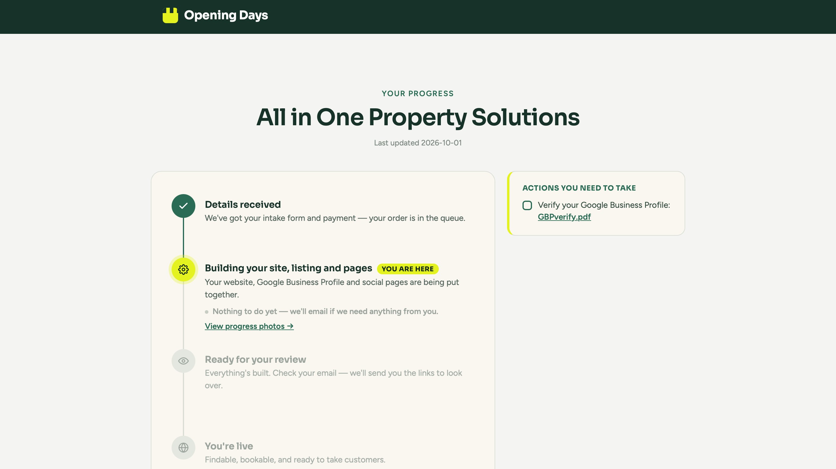 A customer's private progress page, showing their order on the &ldquo;Building your site, listing and pages&rdquo; step